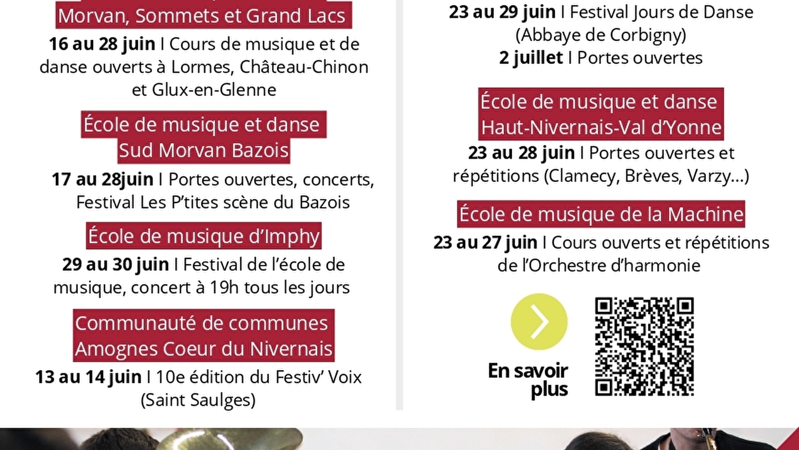 Portes ouvertes et répétitions de l'école de musique et danse du Haut Nivernais Val d'Yonne à Clamecy, Brèves et Varzy.