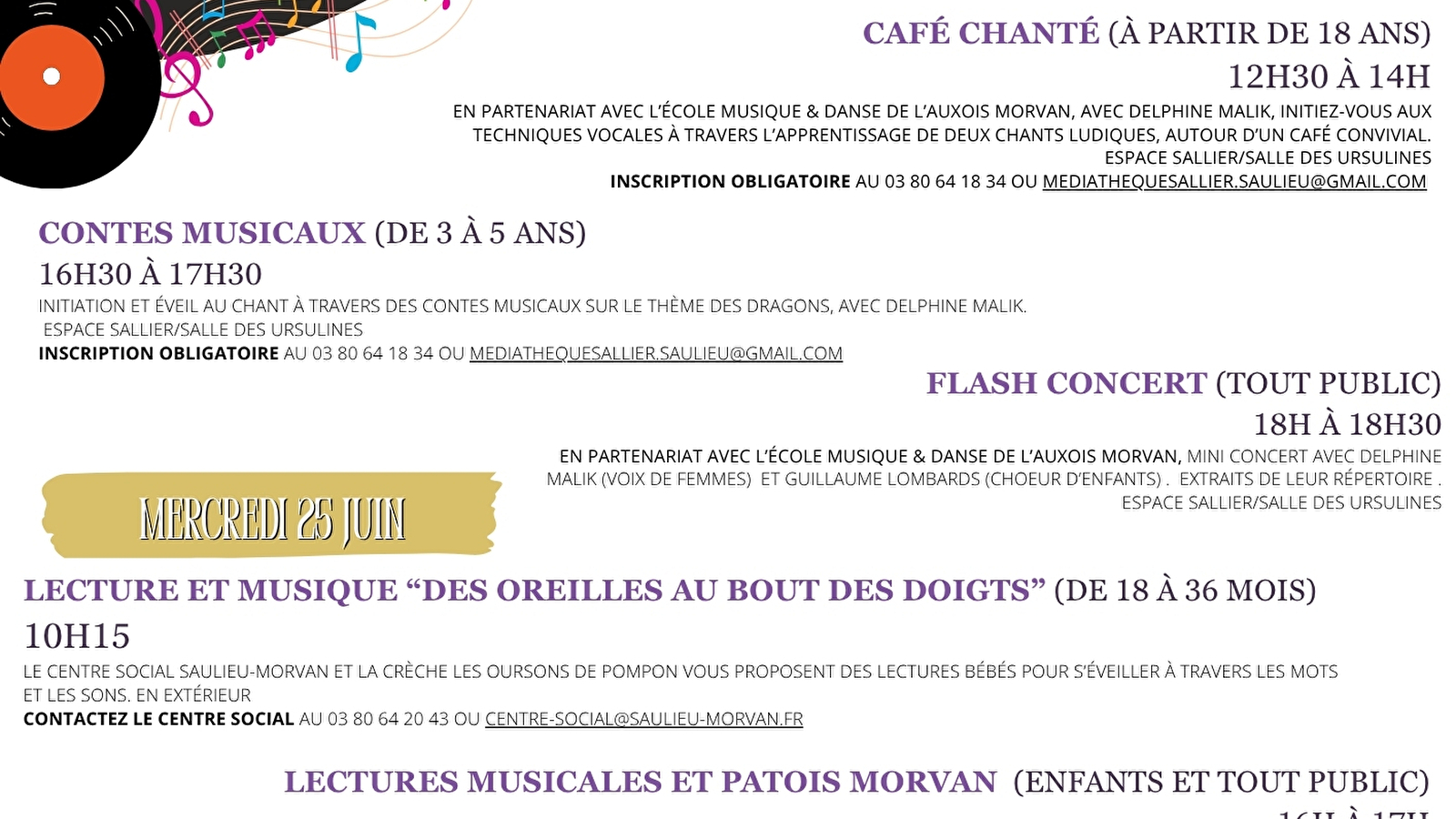 Festival 'CHUT!' à Saulieu : Programme d'animation une exposition, des lectures musicales, initiation au chant, éveil musical, flash-concert ...