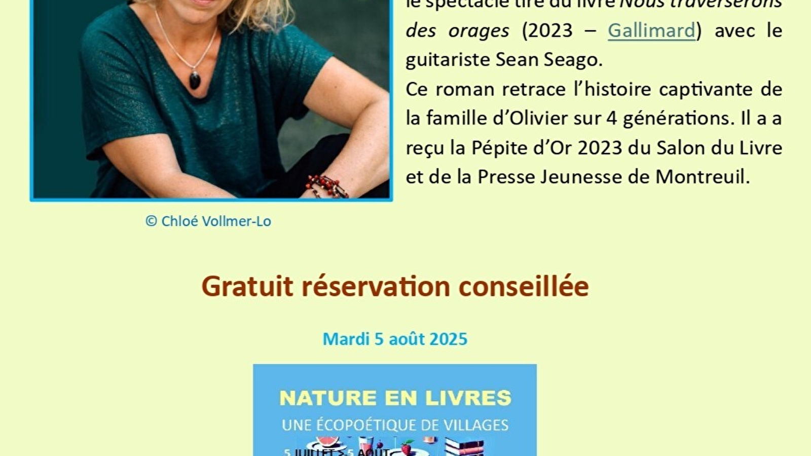 Festival Nature en Livres - Spectacle littéraire de clôture - Nous traverserons des orages - Anne Laure Bondoux et Sean Seago